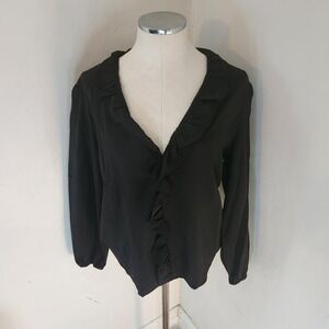 Black‎ Ruffled Button Front Long Sleeve Women's Blouse Top Size L